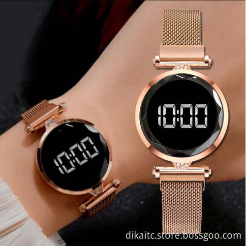 2021 Luxury Digital Magnet Watches For Women Stainless Steel Rose Gold Dress LED Quartz Watch Female Clock Relogio Feminino